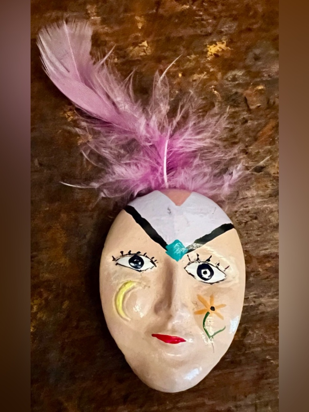 Vintage Mardi Gras Carnival Mask New Orleans Feather Brooch Pin Handmade DH